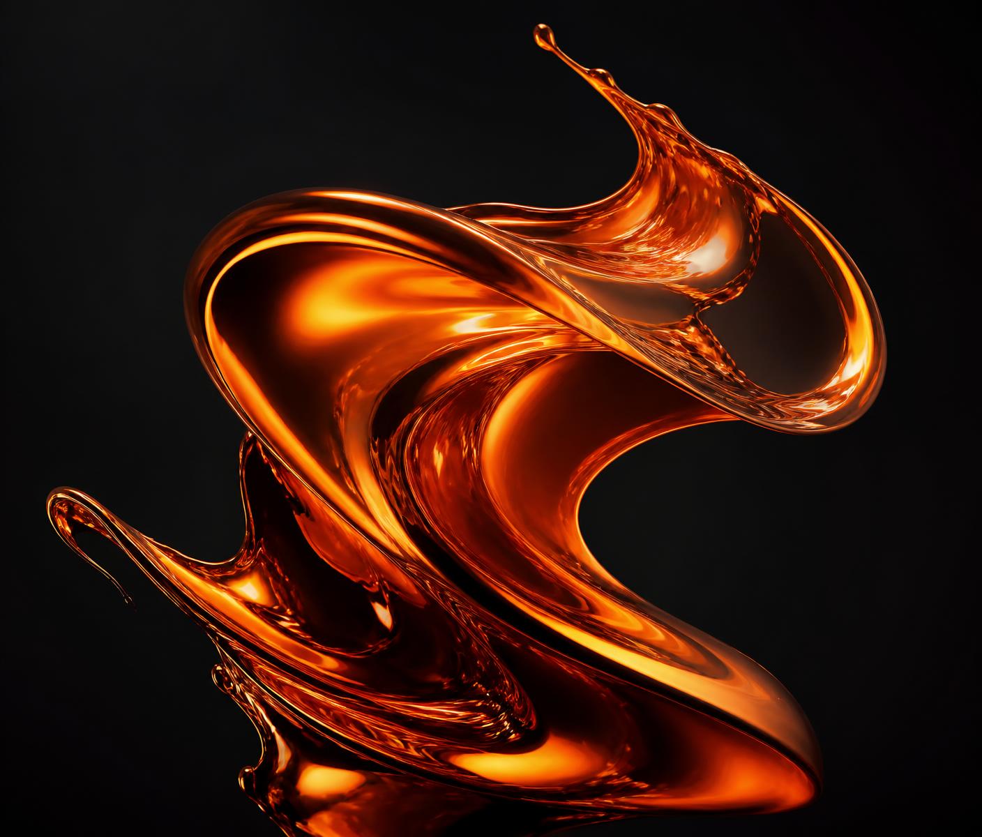 Abstract glossy ember-orange liquid sculpture on a charcoal background